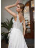 V Neck Ivory Lace Feather Luxury Wedding Dress